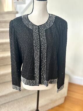 Vintage Old Money Black Silk Faux Pearl Trim Beaded Blazer Evening Jacket